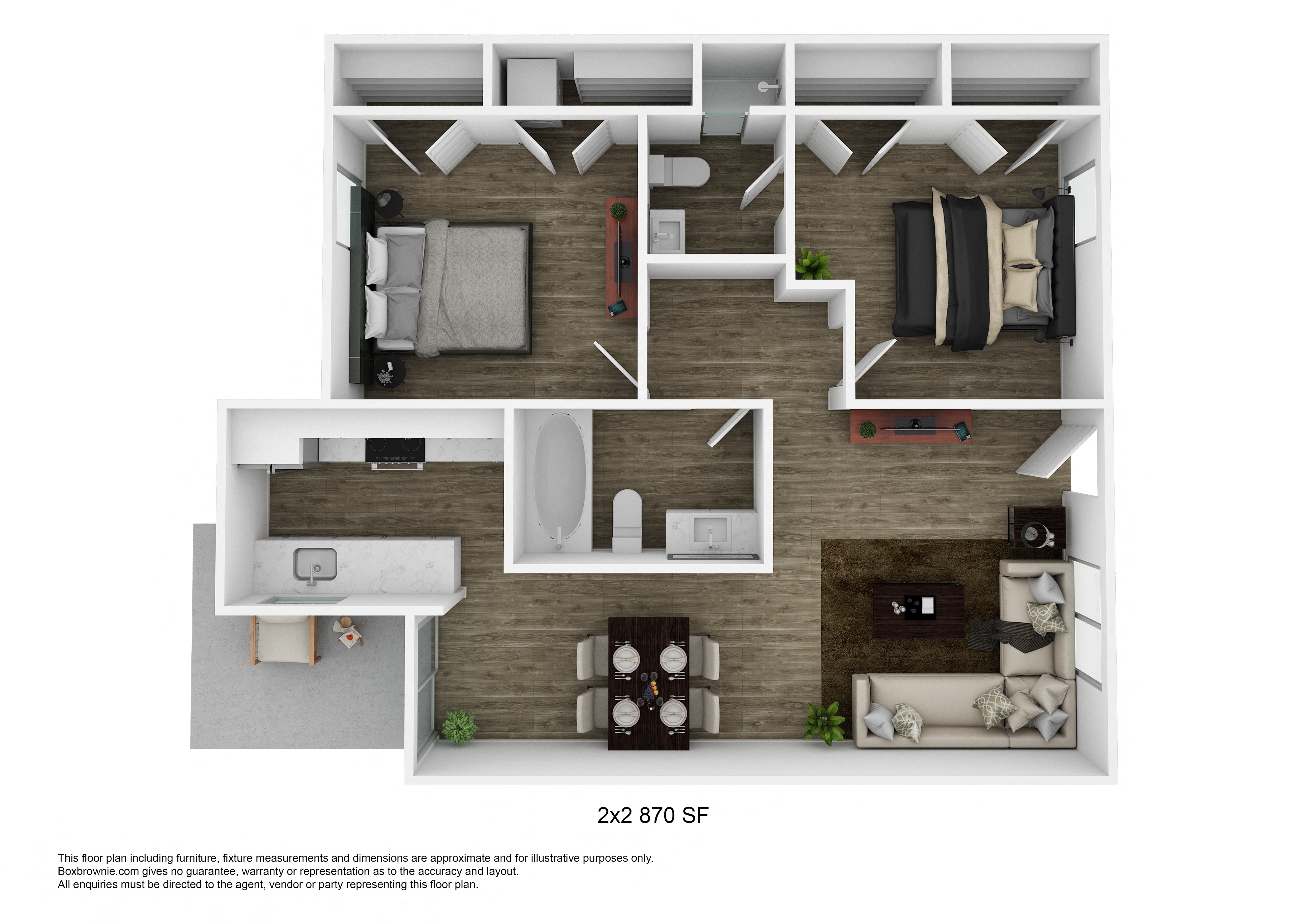 Floor plan for 2 beds, 2 baths, 870 sqft